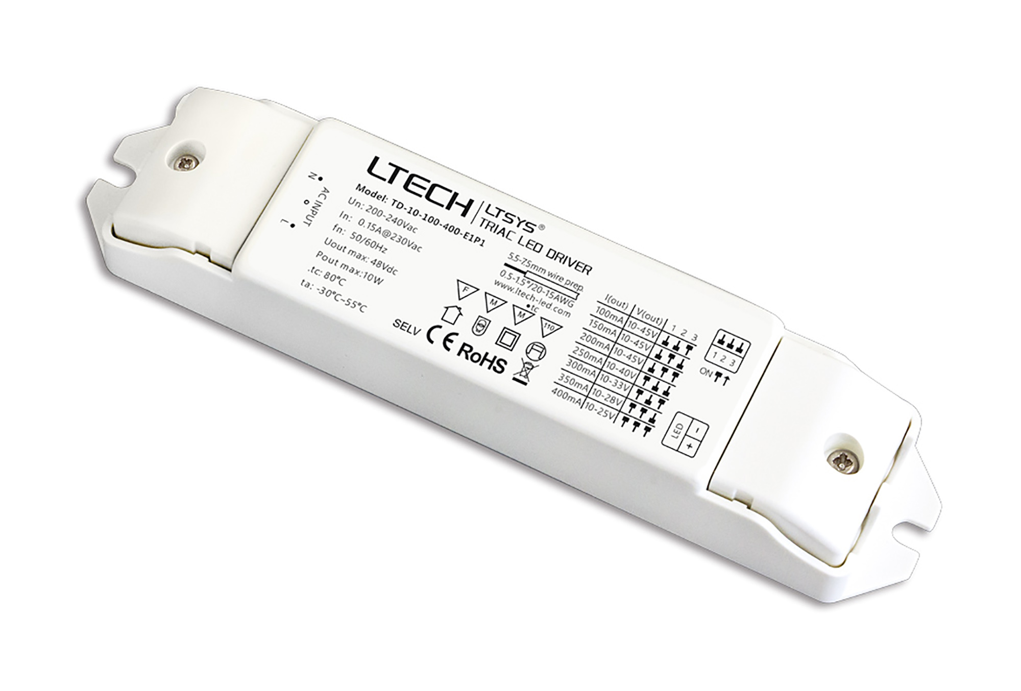 TD-10-100-400-E1P1  Triac/ELV PWM 1-10W C. Current Dimmable Driver,10-45Vdc, 100-400mA, 200-240Vac input, IP44.